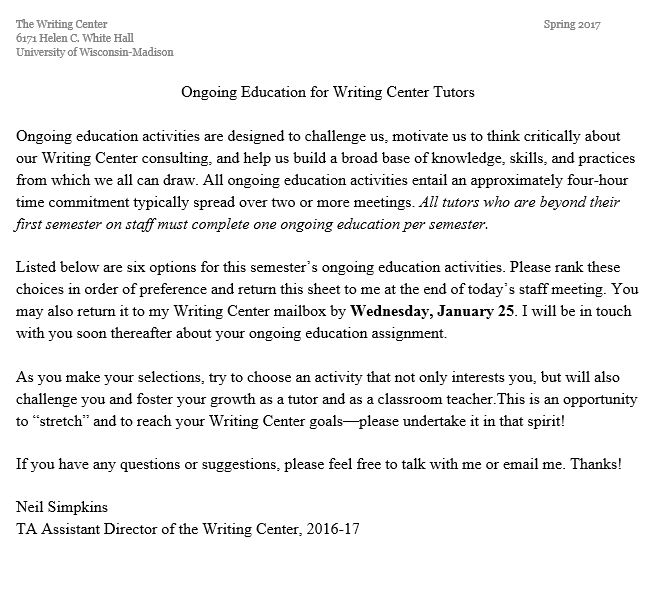A text written by Neil Simpkins on the ongoing education for graduate tutors in the writing center. 