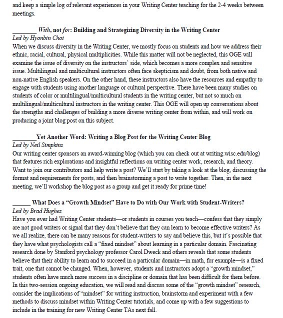 A second page of options for workshops