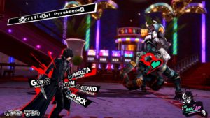 Screenshot from the video game Persona 5 featuring two characters battling.