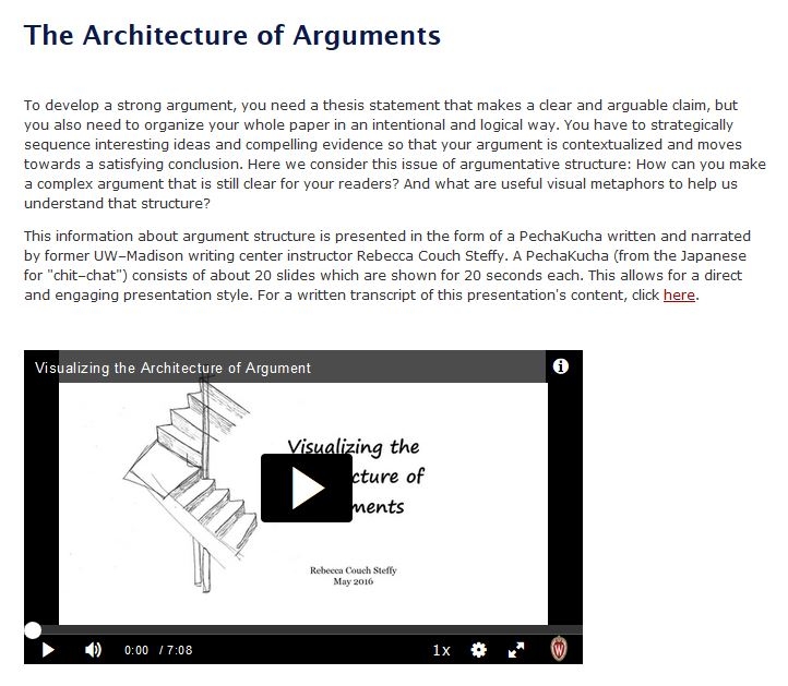 A screenshot of The Architecture of Arguments page from the University of Wisconsin-Madison's online Writer's Handbook.