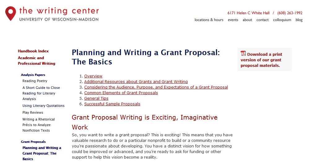A screenshot of the Planning and Writing a Grant Proposal webpage from the UW-Madison Writing Center's Online Writer's Handbook.
