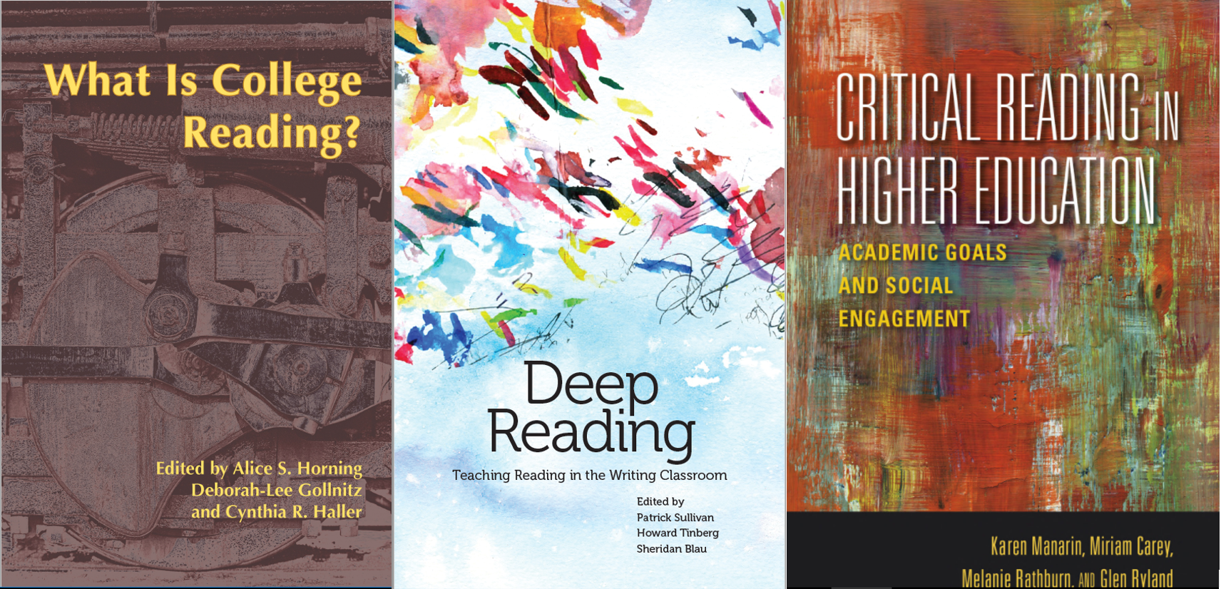 book covers of recent publications on reading in higher ed