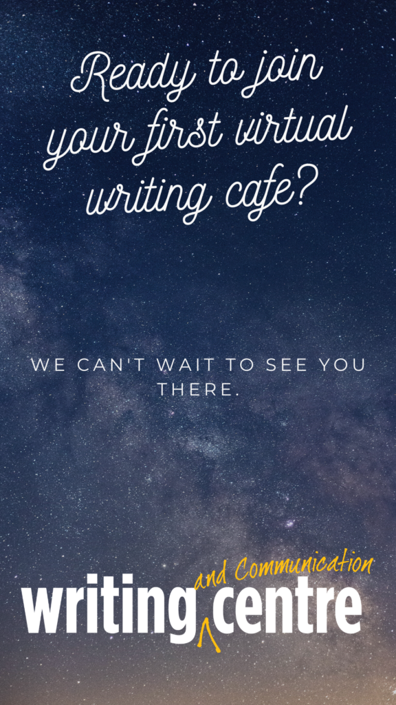 A starry background. Text reads "Ready to join your first virtual writing cafe? We can't wait to see you there." WCC logo is on the bottom.