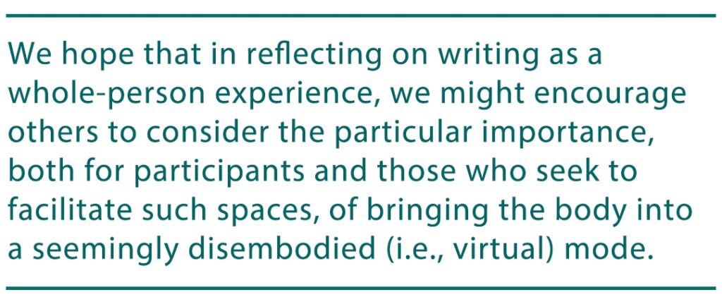 image contains a pull quote from the article that reads "We hope that in reflecting on writing as a whole-person experience, we might encourage others to consider the particular importance, both for participants and those who seek to facilitate such spaces, of bringing the body into a seemingly disembodied (i.e., virtual) mode."