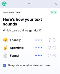 Grammarly's tone detector, rating example text with 5 out of 5 for friendly, optimistic, and formal