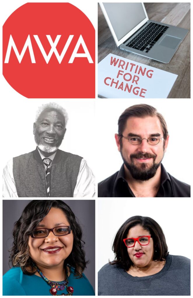 Graphic for Writing For Change with headshots of Liz Boyd, Marisol Gonzalez-Rodriguez, Kevin Mullen and Robert Wynn