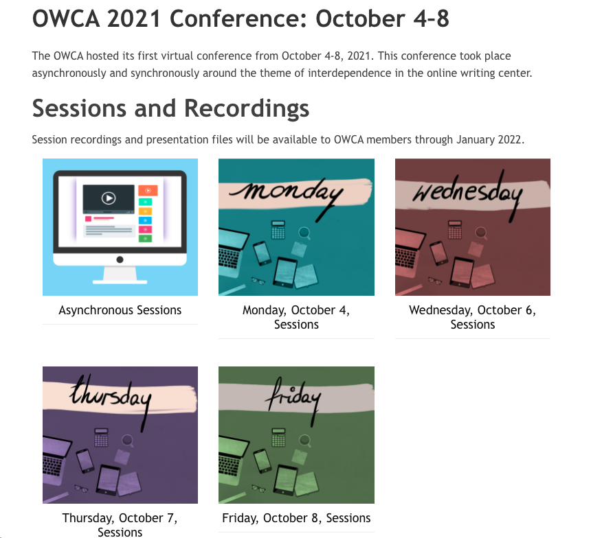 Screen shot of the OWCA 2021 conference page featuring links to each day's recordings