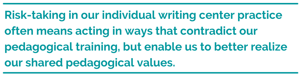 Pull quote: Risk-taking in our individual writing center practice, then, often means acting in ways that contradict our pedagogical training, but enable us to better realize our shared pedagogical values.