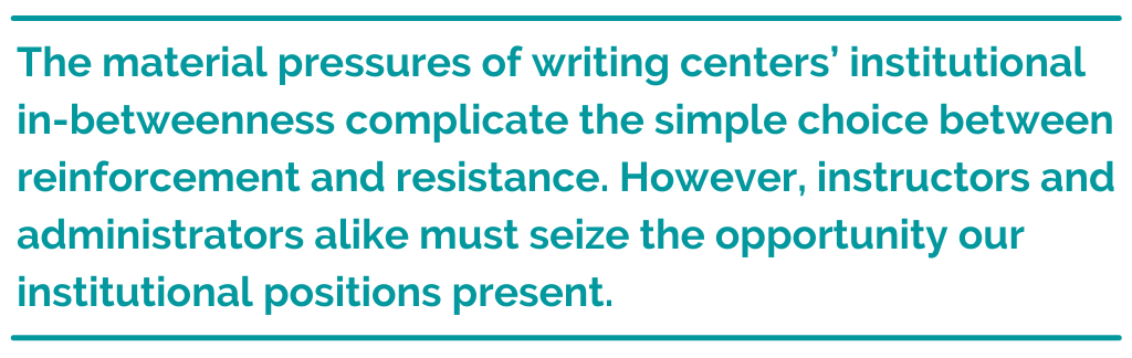 Pull quote: The material pressures of writing centers’ institutional in-betweenness complicate the simple choice between reinforcement and resistance. However, instructors and administrators alike must seize the opportunity our institutional positions present. 