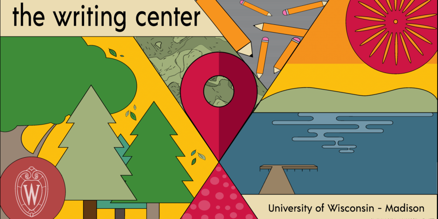 Isabella Robinson designed this brightly colored and modern banner advertising the UW-Madison Writing Center. Featured is a collage of trees, a lake, pencils, and a location indicator.