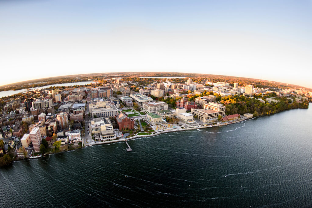 Lake Mendota and the University of Wisconsin–Madison campus, including Helen C. White Hall