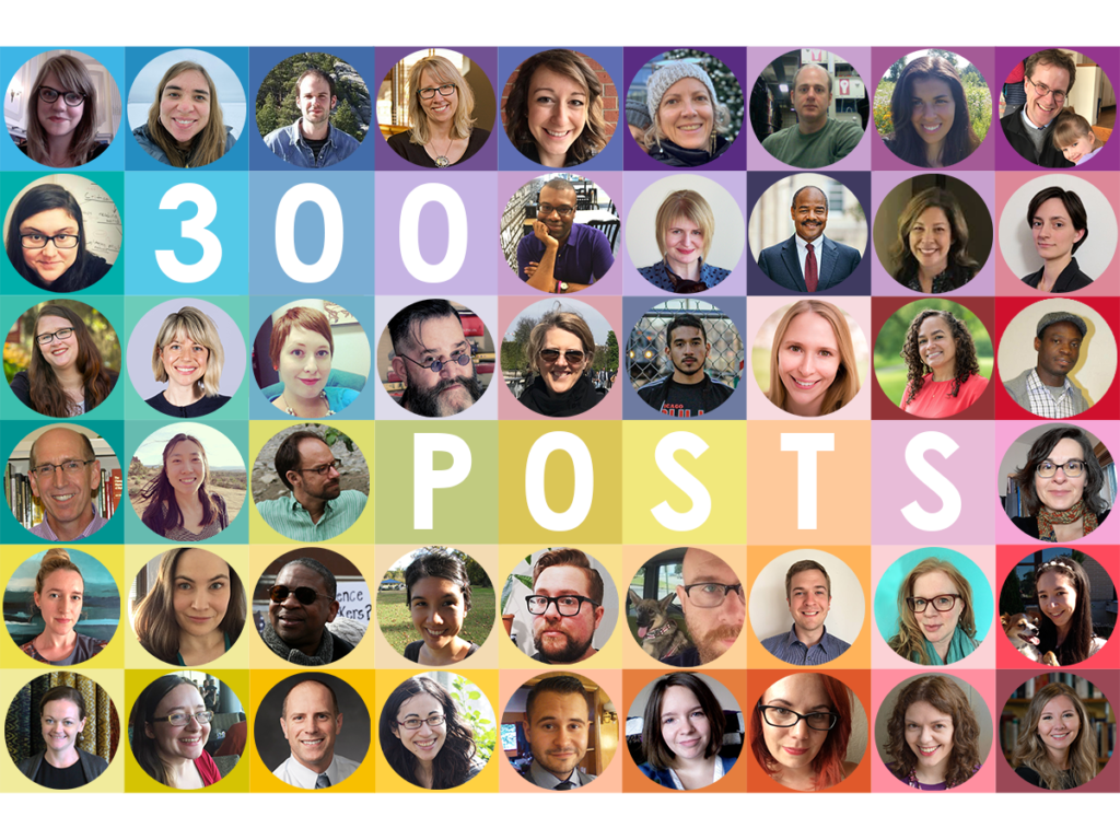 colorful collage of author photos and the text "300 posts"