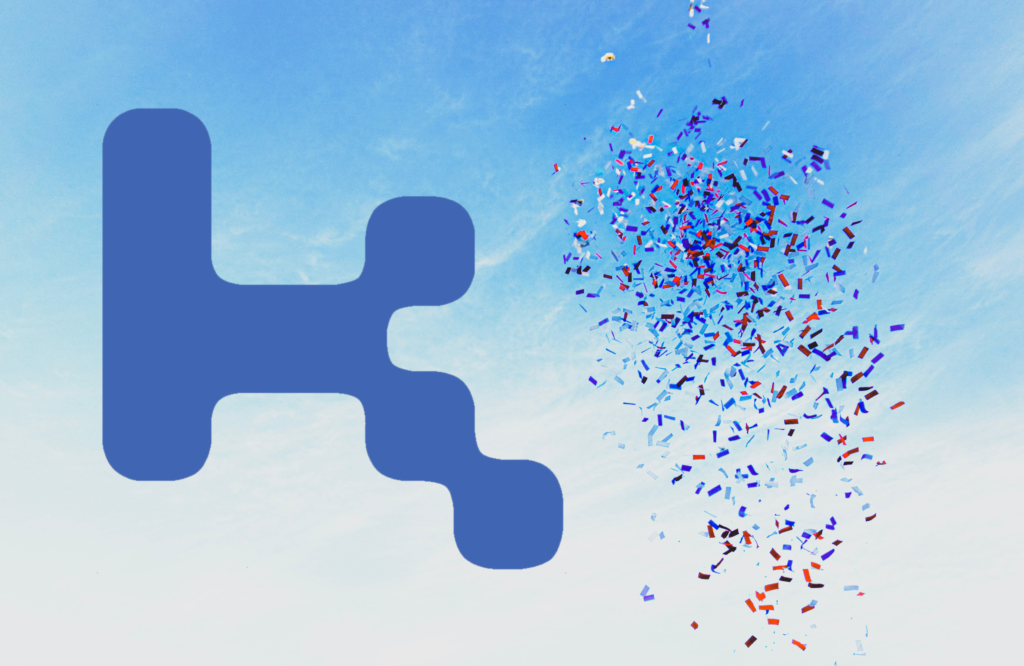 the Kairos logo against a blue sky filled with confetti