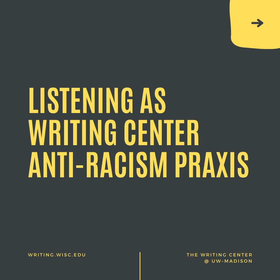 title slide reads "Listening as Writing Center Anti-Racism Praxis"