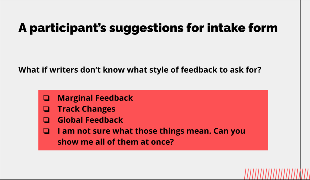 A PowerPoint slide with the title  “A participant’s suggestions for intake form.” Below the title is the question, “what if writers don’t know what style of feedback to ask for?” There is a list of feedback styles including: marginal feedback, track changes, global feedback, and “I am not sure what those things mean. Can you show me all of them at once?”