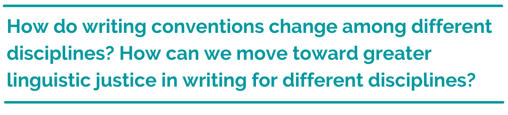 Pull quote reading: How do writing conventions change among different disciplines? How can we move toward greater linguistic justice in writing for different disciplines?