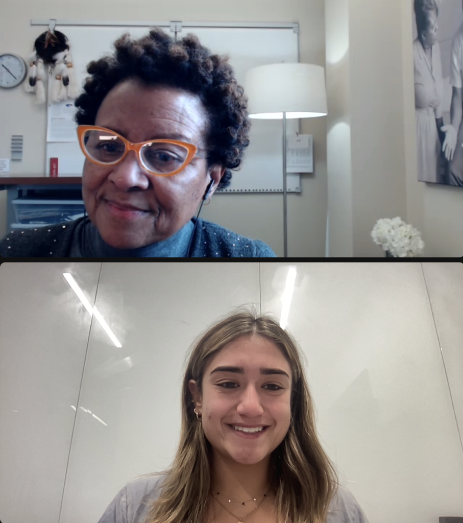 Linda D. Oakley wears bright orange cat eye glasses and sits in her office. Laila Zukerman smiles and sits in front of a white board. The photos appear to be screenshots from a video call.