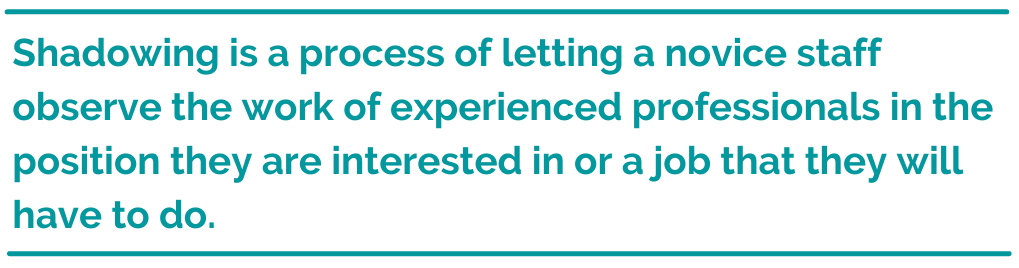 Pull quote reading, "Shadowing is a process of letting a novice staff observe the work of experienced professionals in the position they are interested in or a job that they will have to do."