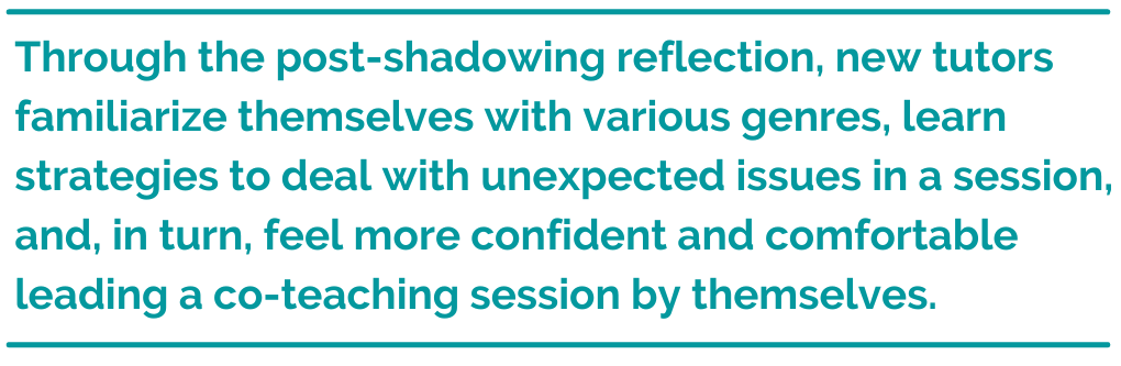 Pull quote reading, "Through the post-shadowing reflection, new tutors familiarize themselves with various genres, learn strategies to deal with unexpected issues in a session, and, in turn, feel more confident and comfortable leading a co-teaching session by themselves"