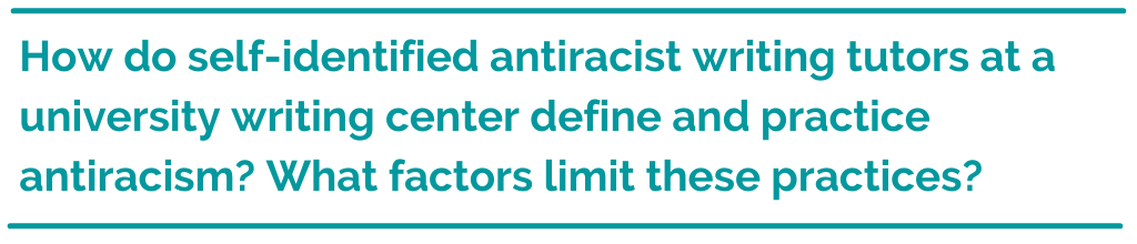 Pull quote reading, "How do self-identified antiracist writing tutors at a university writing center define and practice antiracism? What factors limit these practices?"