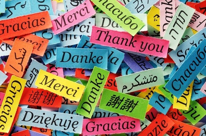 The word “thank you” printed in different languages on brightly colored pieces of paper.