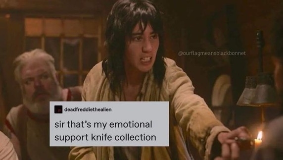 deadfreddiethealien tweet stating sir that's my emotional support knife collection. Text over an image of Jim Jimenez