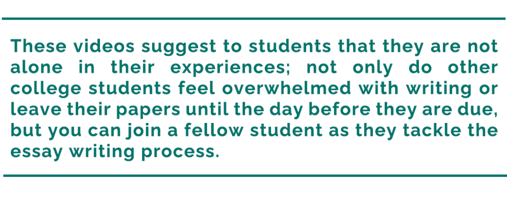 pull quote reads, "These videos suggest to students that they are not alone in their experiences; not only do other college students feel overwhelmed with writing or leave their papers until the day before they are due, but you can join a fellow student as they tackle the essay writing process."