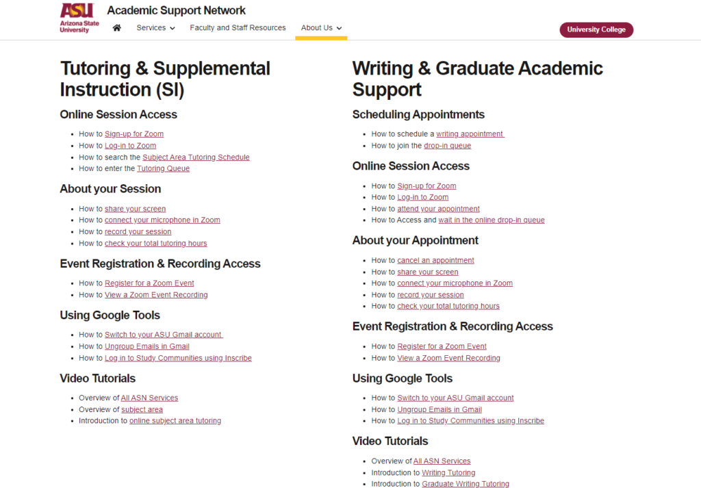 On ASN’s website, students can access the How To Guides available for Writing Center services, but also have access to How To Guides for our other tutoring services. Photo courtesy of Academic Support Network.