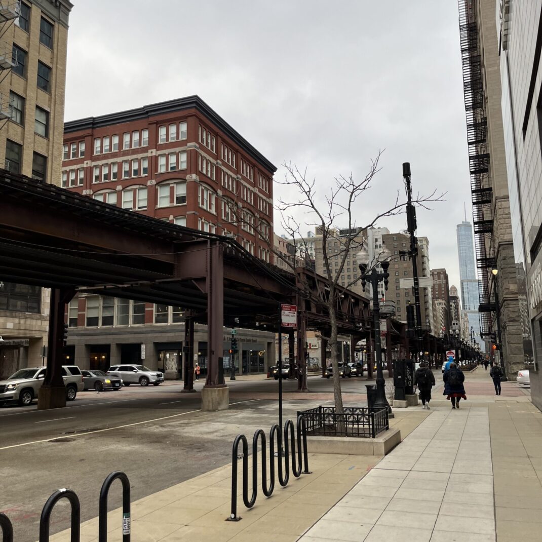 a downtown Chicago sidewalk scene, February 2023