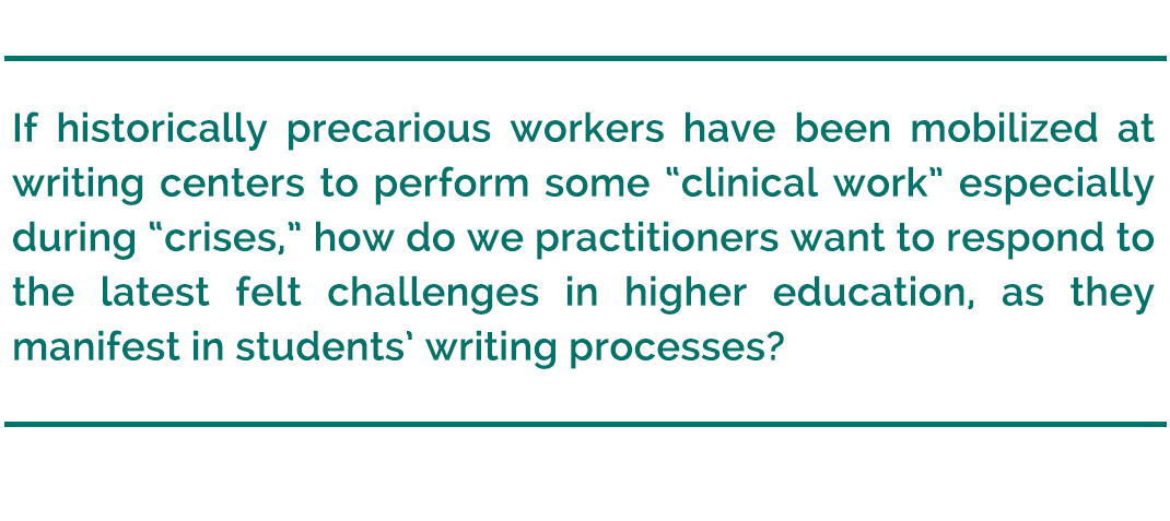 pull quote reads, "If historically contingent workers—from non-tenure track employees to student staff—have been mobilized at writing centers to perform some 'clinical work' especially during 'crises,' how do we practitioners want to respond to the latest felt challenges in higher education, as they manifest in students’ writing processes?"