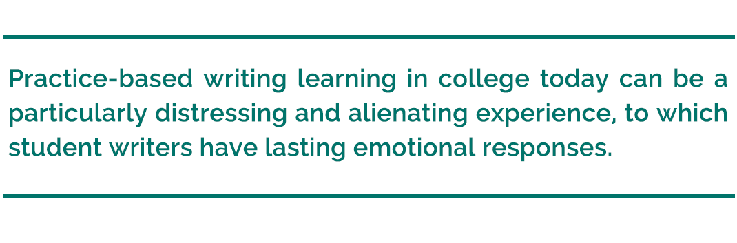 pull quote reads, "practice-based writing learning in college today can be a particularly distressing and alienating experience, to which student writers have lasting emotional responses."