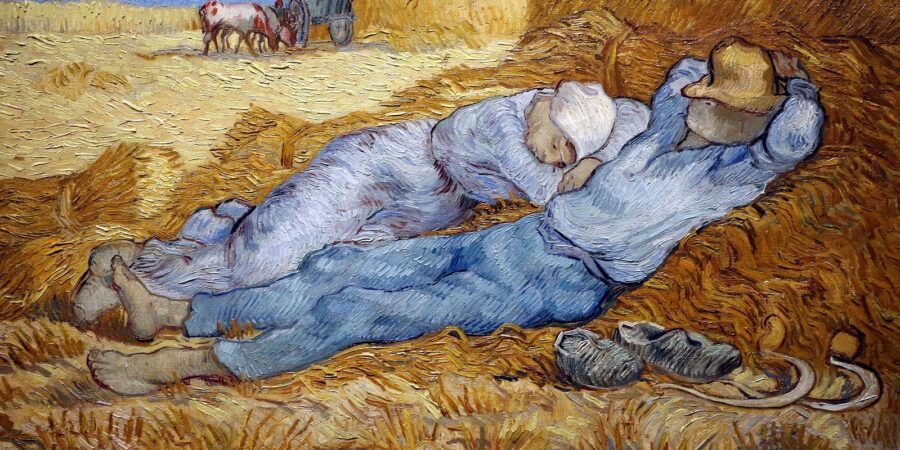 Vincent Van Gogh's La Sieste, Noon – Rest from Work (after Millet). Features two farmers resting on hay.