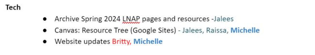 Tech Archive Spring 2024 LNAP pages and resources -Jalees Canvas: Resource Tree (Google Sites) - Jalees, Raissa, Michelle Website updates Britty, Michelle