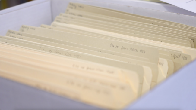 Box of files of archival materials found during a trip to Lafayette College’s special collections [photo credit: Joshua Chait]