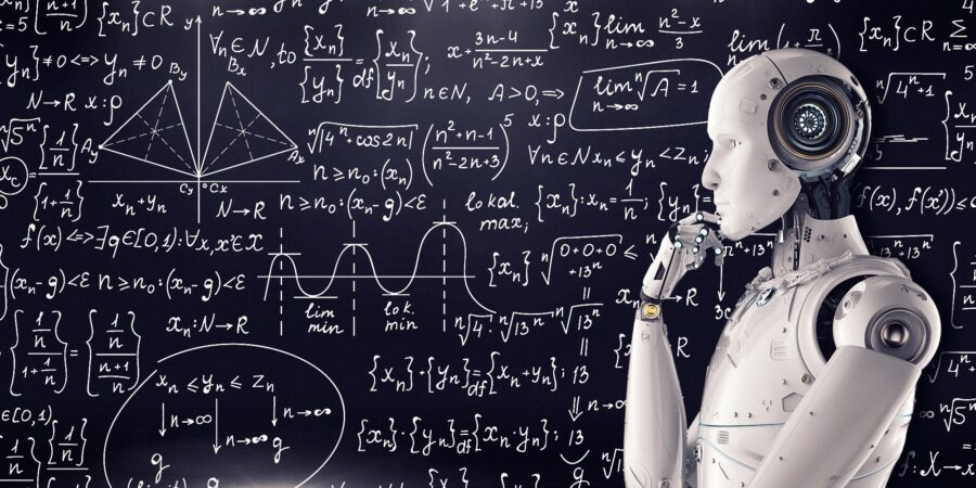 A human shaped robot with its hand on its chin with mathematical equations in the background