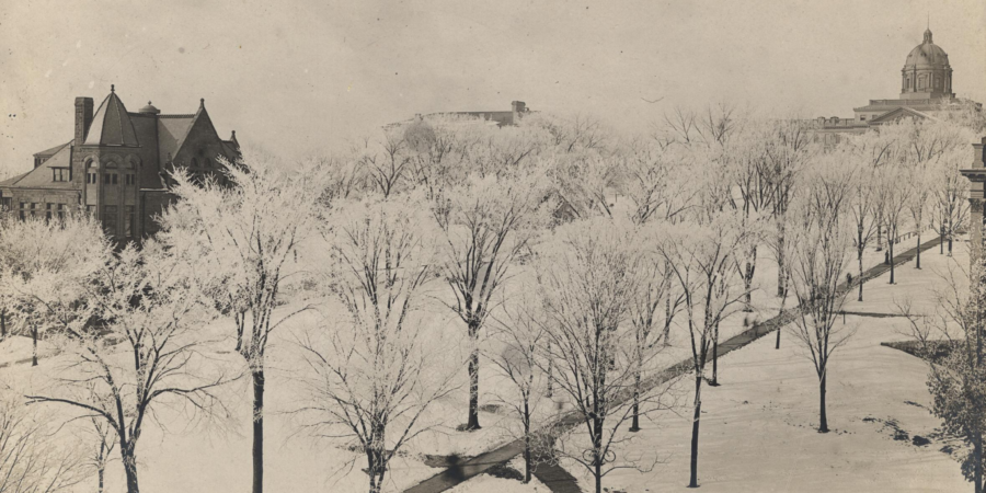 View of Bascom Hill on snowy day, 1900.