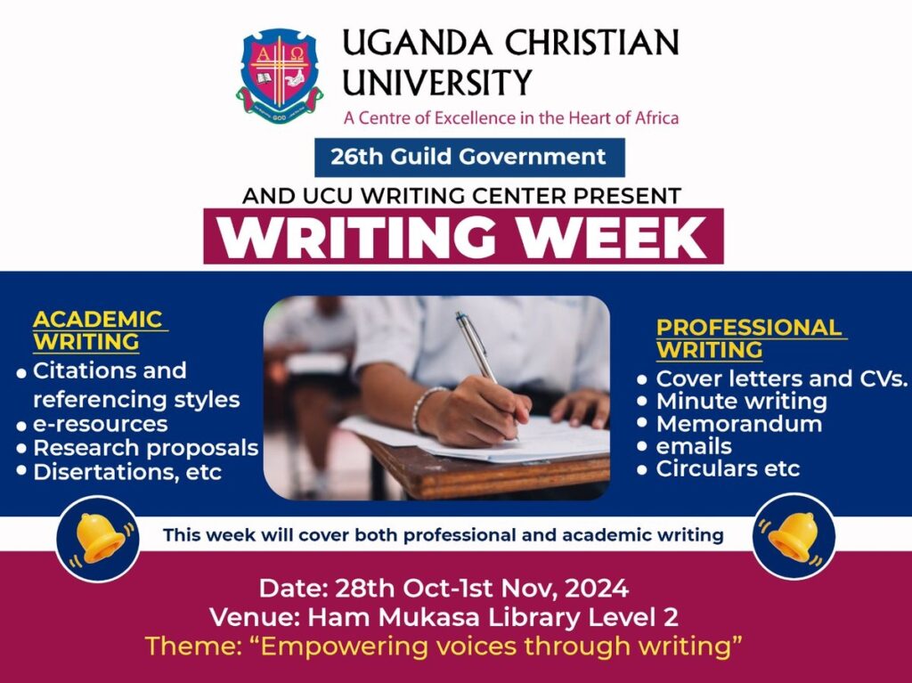 a brightly colored poster advertising Uganda Christian University's writing week. 