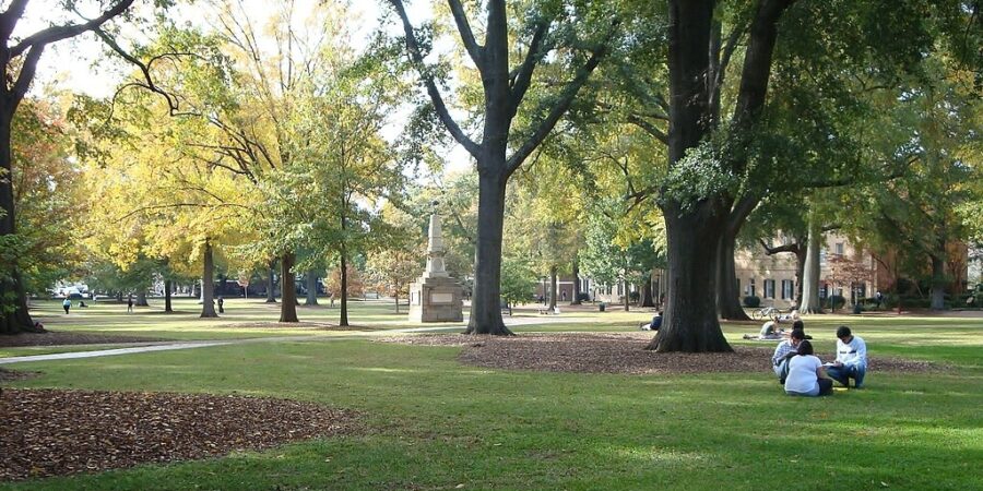 This photo depicts the Horseshoe, a greenery space with lush grass and trees in the middle of UofSC’s campus. The photo shows students sitting together in groups. The Horseshoe is across the street from the Byrnes building where the UofSC writing center is housed.