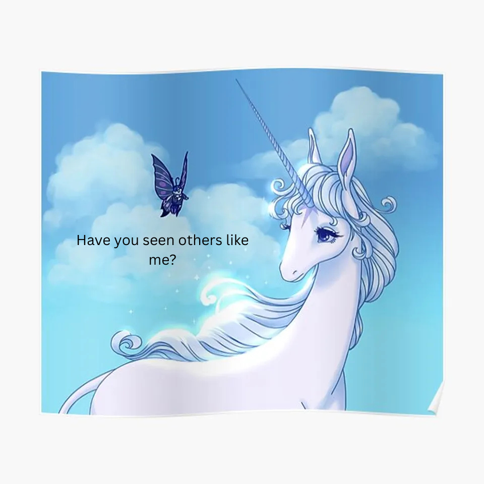 A white unicorn asks a butterfly, Have you seen others like me? On a light blue background.