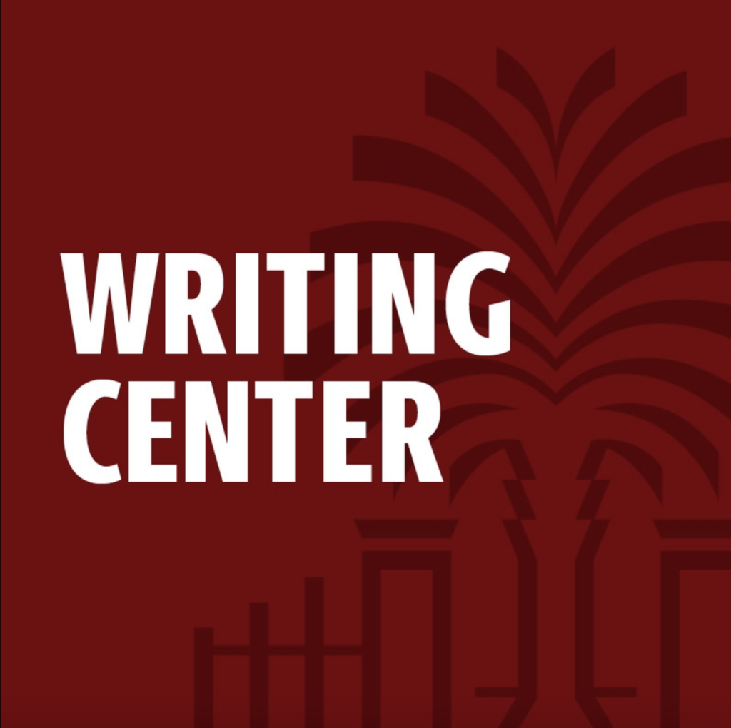 The photo has a burgundy background with a darker outline of a Palmetto tree behind white letters that say Writing Center.