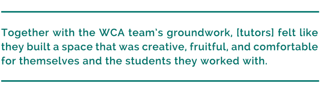 pull quote reads, "Together with the WCA team’s groundwork, [tutors] felt like they built a space that was creative, fruitful, and comfortable for themselves and the students they worked with."