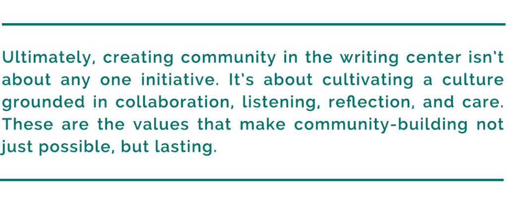 pull quote reads, "Ultimately, creating community in the writing center isn’t about any one initiative. It’s about cultivating a culture grounded in collaboration, listening, reflection, and care. These are the values that make community-building not just possible, but lasting."