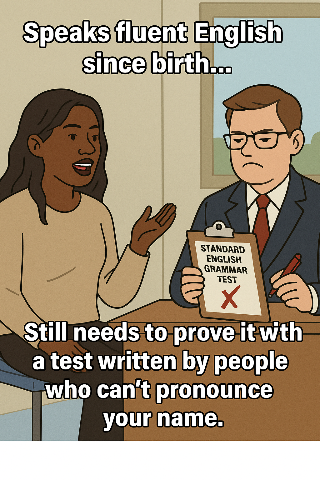 Cartoon drawing of a black woman talking to a white man behind a desk with a clipboard that reads, "Standard English Grammar Test" and a red X. Text around the image states, "Speaks fluent English since birth... still needs to prove it with a test written by people who can't pronounce your name."