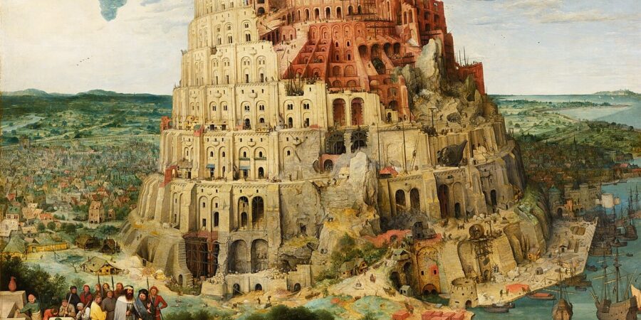 An oil painting of a collapsing tower with people running in different directions.