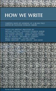 The cover of the book “How We Write: Thirteen Ways of Looking at a Blank Page,” which features a grey abstract design and white text on blue banners.