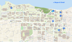 A map of the UW-Madison campus, with blue stars showing locations of Writing Center satellite locations.