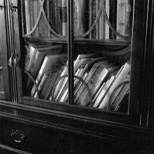 Detail of a glass-fronted bookcase full of books. 