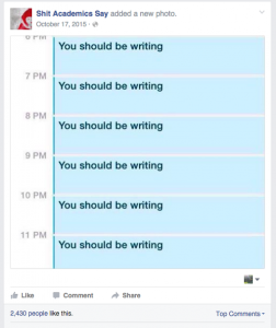 A Facebook post from “Shit Academics Say”: a screenshot of a calendar with sequential one-hour blocks of time in blue, all saying “You should be writing.”