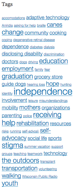 Cloud tag with a variety of key words, such as independence, receiving, change, education, stigma, and youth