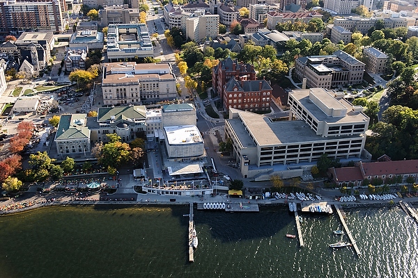 The Lake Mendota shoreline is pictured in an aerial view of the University of Wisconsin-Madison campus during autumn.